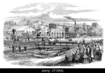 Ankunft des ersten Zuges der Atlantic and Great Western Railroad in James Town von New York, 1860. "...die Strecke hat gerade eine Schnellstraße eröffnet, die direkt vom Hauptemporium der Vereinigten Staaten zum Mississippi River und Missouri River führt, und all die riesigen Regionen, die von diesen riesigen Bächen bewässert werden... sie wird als Hochstraße von Ost nach West benötigt. es ist notwendig für die Siedler, die bereits die ganze Breite des Territoriums, dem es dient, besetzen... „kein Teil der Erde zeigt ein solches Maß an einheitlicher Fruchtbarkeit“... durch die Bildung des Atlantiks und des Großen Westens Stockfoto