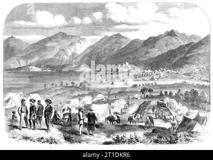 Lager der Sikh-Kavallerie in Cowloong gegenüber Hong-Kong: Probyn's Horse und Fane's Horse - nach einem Entwurf von [Mr. Wirgman] unserem Spezialkünstler in China, 1860. Die British Indian Army in China. In der Ferne ist ein Teil des Hafens von Hongkong, mit der französischen Flotte vor Anker. Die Lage in diesem Camp war sehr schön und die Atmosphäre herrlich - viel kühler als in Hongkong. Ein Korrespondent spricht so von unserer leichten Kavallerie in China:..."sowohl Männer als auch Tiere sind in herrlichem Zustand. Tatsächlich sind es von 1689 Pferden nur 40 krank... Probyn und Fane begannen fast bei der sa Stockfoto