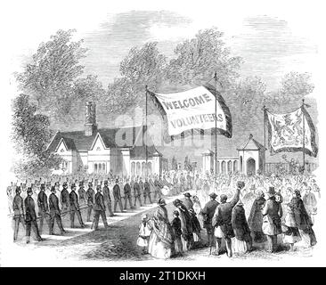 The Review of Lancashire Rifle Volunteers in Knowsley Park - Huyton Lodge Volunteers Incoming the Park, 1860. "Es war noch sehr früh am Tag, als die Besuchermassen aus Liverpool, Manchester, Bolton und Hunderten von Orten daneben in den Park kamen, wo Liverpool, Huyton, Ormskirk, und Croxteth-Gateways, von deren Gipfel aus jeweils eine große Flagge mit der Aufschrift "Willkommen, Freiwillige!" Und nachdem sie an ihrer Seite gestreamt haben, ein anderes mit den Wappen des Hauses Stanley, mit dem entsprechenden konservativen Motto: "Sans ch Stockfoto