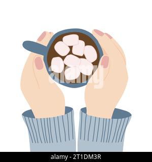 Frau Hände halten Tasse heiße Schokolade oder Kaffee mit Marshmallow, Kaffeezeit oder Kaffeepause Konzept, Vektorillustration Stock Vektor