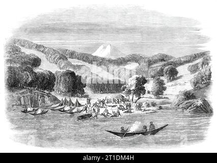 Massaker an einer Missionsparty des „Alan Gardiner“ durch die Eingeborenen in Woolya, Feuerland, 1860. Gravur nach einer Skizze von Mr. Havers. Im Oktober 1859 brachte der Schoner Alan Gardiner, der der Patagonian Missionary Society angehörte, einige Fueger in ihr Heimatland zurück, mit der Absicht '...bring einen weiteren Nachschub zurückzugeben, der an der Station auf Keppel Island (West Falkland) christianisiert werden sollte. die durchsucht wurden, bevor sie über die Seite des Schiffes gingen, ein Verfahren, das bei einer früheren Gelegenheit in Keppel, wo die Verletzung schwer verletzt worden war Stockfoto