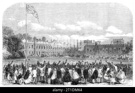 The Review of Lancashire Rifle Volunteers im Knowsley Park - The Earl and Countess of Derby verlässt Knowsley Hall für The Review, 1860. "Die Truppen, die etwa 11.000 Mann waren, waren alle versammelt und hatten ihre Position in einer Linie eingenommen. die Front, die sich am Rande des Hochplatzes erstreckte, auf dem sie sich bildeten... alles war nun die Erwartung für den Beginn des Verfahrens, das solche Zahlen - Zahlen unterschiedlich berechnet von 150.000 bis 200.000 Personen - zusammen gezogen hatte. Plötzlich wurde der union Jack auf den flagstaff in Knowsley gehisst. Es war das Signal von Sir G. W. Stockfoto