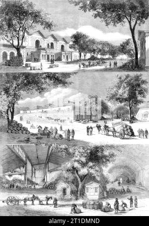 Der Pariser Weinmarkt: Brandy Quarter, Rues de Languedoc und de la C&#xf4;te d'Or, The Cellars, 1860. Gravur nach einer Skizze von M. Lancelot. "Französische Weine... werden wahrscheinlich in England nur noch allgemein konsumiert werden, wenn der neue vertrag vollständiger in Kraft getreten sein wird... der Entrepot, oder Halle aux Vins (Weinmarkt)... ist von enormen Dimensionen, die Oberfläche misst fast 150.000 Meter... im Inneren dieser riesigen Anlage gibt es fünf Bauwerke, die in Straßen unterteilt sind und (nach den Namen der berühmtesten Weinbaubezirke Frankreichs) Bordeaux-stre genannt werden Stockfoto