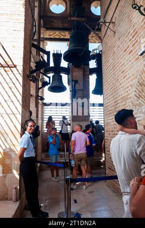 Sevilla, Spanien, mittlere Gruppe von Menschen, Touristen, die das Innere besuchen, Turm, Blick aus dem Fenster, 'Kathedrale der Heiligen Maria vom See', Stockfoto