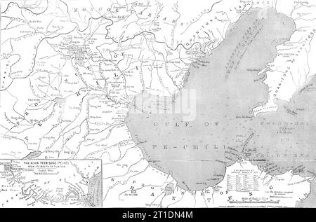 Karte von Nordostchina mit dem Golf von Pechili, dem Fluss Tien-Tsin (Peiho) und den Annäherungen nach Pekin, 1860. "Durch den neuesten Geheimdienst aus China erfahren wir, dass die französische und englische Expeditionstruppe auf dem Weg nach Norden ist... die französische Truppe soll sich in Che-foo, an der Küste von Shan-tung und im Golf von Pechili treffen. und es wird auch eine Station für britische Lager und Truppen auf der anderen Seite des Golfs geben. Es wird geflüstert, dass Sir Hope Grant vielleicht Tien-Tsin besetzen könnte, bevor er versucht, die Taku-Forts zu erobern... die Verteidigungsanlagen sind ver Stockfoto