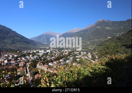 Meran, Italien, Südtirol 11. Oktober 2023 hier der Blick vom Tappeinerweg oberhalb der Kurstadt Meran, Merano auf die Stadt, dem Meraner Becken und der Texelgruppe im Hintergrund, Meraner Land, Burggrafenamt, Spätsommer, Herbst, wandern, spazieren, Ausblick, MEDITERAN, Tourismus, Südtirol *** Meran, Italien, Südtirol 11 Oktober 2023 hier der Blick vom Tappeinerweg über die Kurstadt Meran, Meran auf die Stadt, das Meraner Becken und die Texelgruppe im Hintergrund, Meraner Land, Burggrafenamt, Spätsommer, Herbst, Wandern, Wandern, Aussicht, MEDITERAN, Tourismus, Südtirol Stockfoto