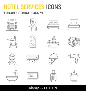 Hotel Services Line Icon Set, Tourismussammlung, Vektorgrafiken, Logo-Illustrationen, Hotel-Vektor-Icons, Verkehrsschilder, Umrisssymbole, bearbeitbar Stock Vektor