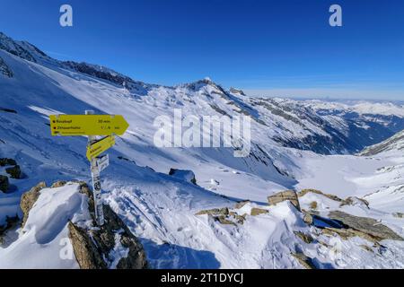 Wegweiser in der Roßkarscharte, Sichelkopf im Hintergrund, Zittau Hütte, Nationalpark hohe Tauern, Zillertaler Alpen, Tirol, Österreich Stockfoto