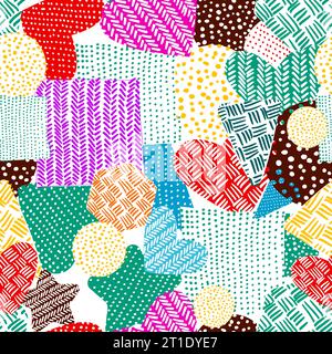 Nahtloser Hintergrund gestrickter Stücke. Herzstücke und Sternenstoff. Handzeichnung. Nicht AI, Illustrat3 . Vektorabbildung Stock Vektor