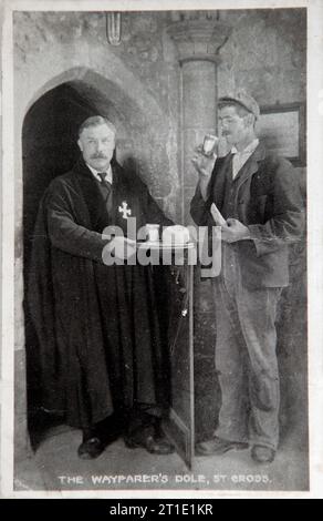 Wayfarers Dole, Hospital of St Cross Almshouse of Noble Poverty Winchester, Bier und Brot für die Bedürftigen, Menschen erhalten Wohltätigkeit. Hampshire England. Eine alte Postkarte Stockfoto