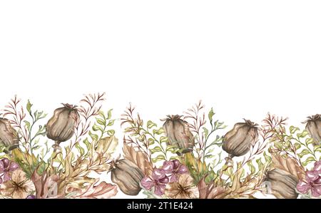 Nahtloser Waldrand. Aquarellabbildung. Handgezogene getrocknete Blätter, Pilze, Beeren und Wildkräuter. Waldhintergrund. Stockfoto