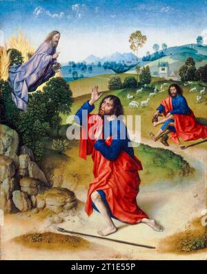 Moses and the Burning Bush with Moses Removing His Shoes (Moses und der brennende Busch), Malerei in Öl auf Tafel von Dieric Bouts, um 1465 Stockfoto