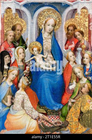 Meister der Heiligen Veronika (zugeschrieben), thronende Jungfrau und Kind mit Heiligen, Paulus, Peter, Klara von Assisi, Maria Magdalena, Barbara, Katharina von Alexandria, Johannes der Täufer, Johannes der Evangelist, Agnes, Cecilia, Margarete von Antiochia, und George, Gemälde in Öl und Gold auf Tafel, 1400-1410 Stockfoto