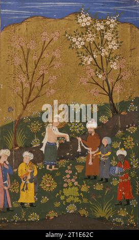 Yusuf, nach seiner Prüfung in der Grube; Seite aus dem Manuskript von Yusuf und Zulaykha von Jami, 1560. Stockfoto