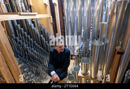 13. Oktober 2023, Sachsen, Leipzig: Markus Kaufmann, Nikolaikantor, wirft einen Blick in die Ladegast-Orgel in der Nikolaikirche in Leipzig. Im Oktober 2024 jährt sich die Einweihung der renovierten und restaurierten Orgel zum 20. Mal. Der Schwerpunkt liegt seit 2004 auf der Orgelkonsole. In ihren intensiven Bemühungen, das Instrument zu restaurieren, die Pfarrei St. Nikolai erhielt große Unterstützung von Porsche Leipzig. Gemeinsam mit den Orgelbauern der Firma Eule und den Automobildesignern wurde eine Symbiose entwickelt und konzipiert. Das Instrument ist derzeit mit 6822 Rohren und 103 Timbr ausgestattet Stockfoto