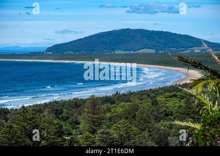 Blick auf den Seven Mile Beach vom Sir Charles Kingsford Smith Memorial Lookout, Gerroa, New South Wales, Australien Stockfoto