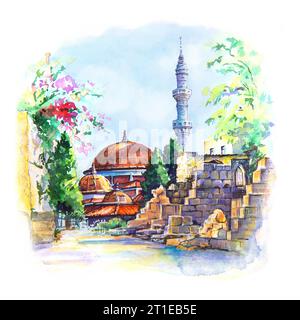 Aquarellzeichnung der Suleymaniye-Moschee auf Rhodos, Dodekanesische Inseln, Sonneninsel, Griechenland Stockfoto