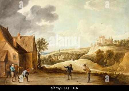 Landschaft mit Bauern spielen Bowls vor einem Inn, um 1660. Stockfoto