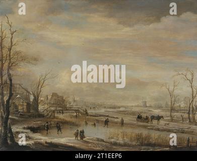 Winterlandschaft mit einer bewaldeten Brücke in der Nähe einiger Häuser, zwischen 1650 und 1660. Stockfoto