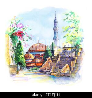 Aquarellzeichnung der Suleymaniye-Moschee auf Rhodos, Dodekanesische Inseln, Sonneninsel, Griechenland Stockfoto