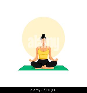 Ein Mädchen mit einer schönen Frisur sitzt in der Lotusposition. Meditation f Yoga. Stockfoto