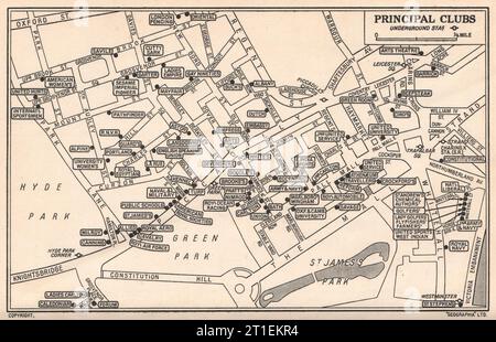 LONDON GENTLEMENS' & LADIES CLUB. St. James's Mayfair Whitehall 1953 alte Karte Stockfoto