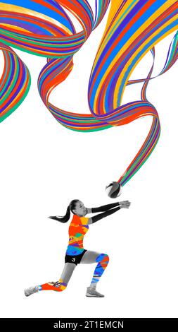 Motivierte junge Frau, Volleyballspieler während des Spiels, Ball mit der Hand schlagen. Gewinner. Kreative Kunstcollage. Stockfoto