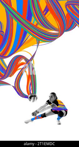 Junge Frau, professionelle Volleyballspielerin während des Spiels, Ball mit der Hand schlagen. Erfolg. Kreative Kunstcollage. Stockfoto