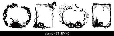 Gruselige schwarze Rahmen für Halloween-Feiertage. Isolierte Vektorgrenzen mit gruseligen Kürbisgesichtern Grimasse, brennenden Kerzen, Schädel, Spinnennetz und Hexenhut, Besen und Kessel, Äste, Fledermäuse Silhouetten Stock Vektor