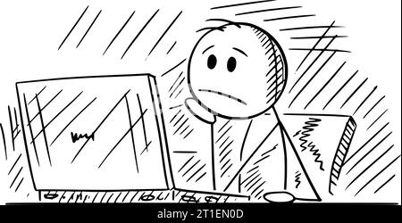 Frustrierter Büroangestellter, der am Computer arbeitet, Illustration der Vektor-Cartoon-Stick-Abbildung Stock Vektor