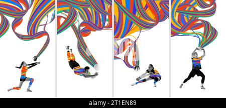 Junger Mann und Frauen, professioneller Handballspieler in Bewegung während des Spiels über farbenfrohen Hintergrund. Kreative Collage. Stockfoto