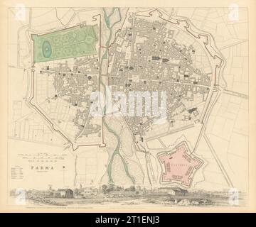 PARMA antike Stadt Stadtplan Plan & Panorama Parme SDUK 1844 alt Stockfoto