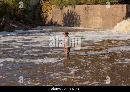 Salmongfischen am Fluss in Wisconsin Stockfoto