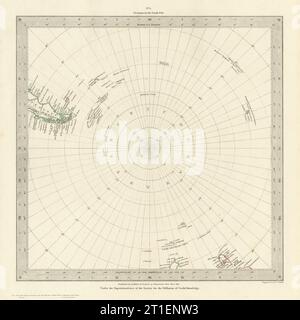 SÜDPOL ANTARKTIS. Gnomonische Projektion. Bis 45˚ S Breitengrad. SDUK 1844-Karte Stockfoto
