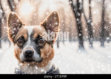 Porträt eines jungen Hundes. Der Hund blickt träumerisch in die Ferne. Ein neues, süßes Mitglied der Familie, der Hund beobachtet. Haustierpflegekonzept. Stockfoto