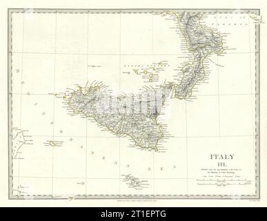 SIZILIEN KALABRIEN. Sizilien Malta Gozo. Ursprüngliche Umrissfarbe. SDUK 1844 alte Karte Stockfoto