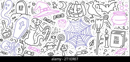Doodle Halloween Set. Trank, Kürbis, Katze, Raben, Besen, Hexenhut, Kessel. Stock Vektor