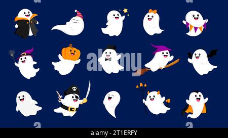 Cartoon Halloween kawaii Geisterfiguren oder lustiger Buh Poltergeist, Vektor-Feiertagsymbole. Halloween Horror Night gruselige niedliche Geister mit Kürbiskopf, Piraten- oder Vampir Dracula, Hexen- oder Teufelskostüm Stock Vektor