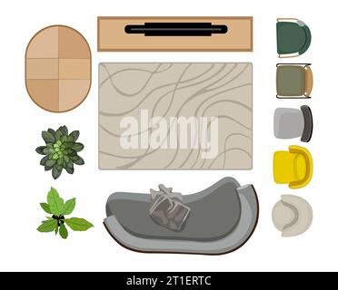 Draufsicht auf Möbelsymbole für die Innengestaltung. Stock Vektor