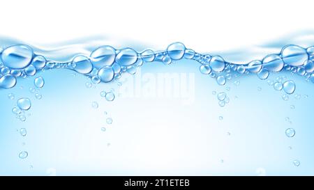 Realistische Wasserwellenoberfläche mit Blasen, transparentem blauem Spritzer mit Welligkeit und Luftfizz. Realistischer 3D-Vektor kochende Flüssigkeit, abstrakter spritziger Hintergrund mit dynamischer Wasserbewegung, Seether oder Fizzing Stock Vektor