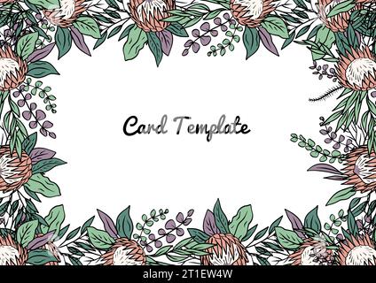 Handgezeichnete, farbenfrohe Linienart protea-Blume tropischer rechteckiger horizontaler Rahmen Stock Vektor