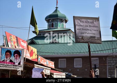 Budgam, Indien. Oktober 2023. Plakate werden während einer Protestkundgebung zur Unterstützung Palästinas in Budgam, etwa 25 km von Srinagar entfernt, gesehen. Während des andauernden israelischen Krieges in Gaza, nach den Angriffen, die bisher über 1.300 Menschenleben gefordert und mehr als 3.300 verletzt haben, haben die Einheimischen im Kaschmir-Tal nach Freitagsgebeten Proteste zur Unterstützung Palästinas veranstaltet. (Foto: Saqib Majeed/SOPA Images/SIPA USA) Credit: SIPA USA/Alamy Live News Stockfoto