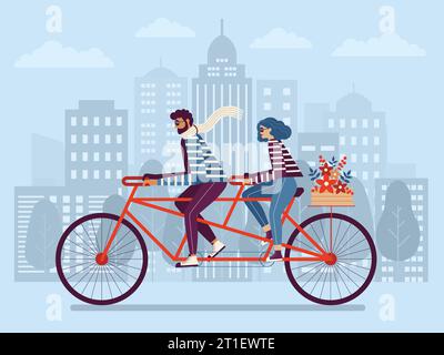 Leute, die gemeinsam mit dem Tandem-Fahrrad in der Stadt fahren Stock Vektor