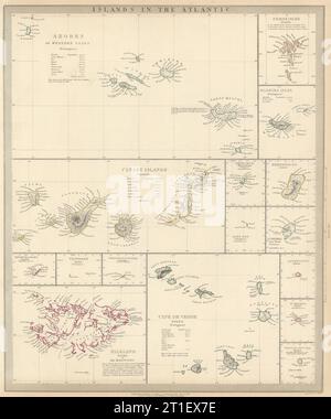 ATLANTIKINSELN.Azoren Färöer Madeira Kanarische Bermuda Falklands.SDUK 1844 Karte Stockfoto