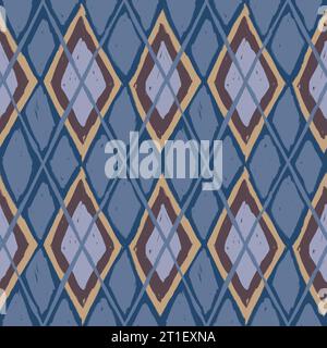 Handgezeichnetes nahtloses Muster im traditionellen klassischen Argyle-Stil. Blaubraunes beiges Texturrautenmuster, grafisches Rautenmuster, abstrakte geometrische diagonale Kunststoffe aus Textil Stockfoto