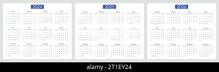 2024 2025 2026 Jahre Kalender. Die Woche beginnt am Sonntag. Tischplaner-Vorlage mit 12 Monaten. Jährliches Briefpapier-Tagebuch. Vektorabbildung Stock Vektor