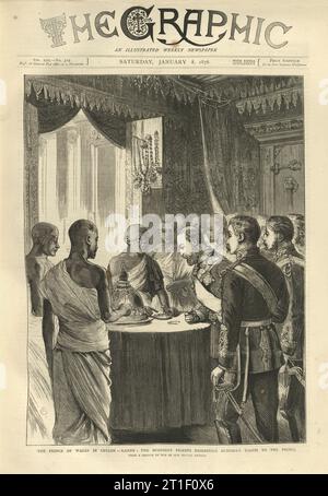 Vintage-Illustration Prinz von Wales, später Edward VII., königlicher Besuch in Ceylon, Buddistenpriester zeigen den Buddha-Zahn, Relikt, 1870er Jahre, viktorianisches 19. Jahrhundert. Stockfoto