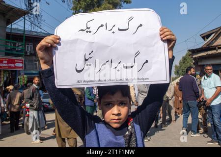 Ein muslimischer Junge aus Kaschmir hält während einer Demonstration aus Solidarität mit Palästinensern ein Plakat mit sich, um den Zionismus in Budgam südwestlich von Srinagar zu bekämpfen. Die Kämpfe zwischen Israel und der militanten palästinensischen Gruppe Hamas haben ihren siebten Tag nach der „Operation Al-Aqsa-Flut“ begonnen, dem größten Überraschungsangriff aus Gaza seit einer Generation, der Tausende von Raketen abfeuerte und am 7. Oktober schätzungsweise tausend Kämpfer auf dem Land-, See- und Luftweg nach Israel schickte. Der Angriff führte zu ununterbrochenen Luftangriffen auf Gaza und einer Kriegserklärung des israelischen Premierministers Benjamin Netanjahu. Das Ist Stockfoto