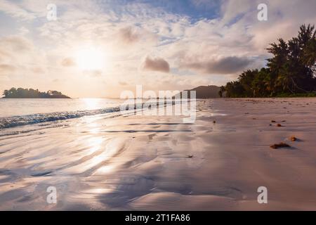 Blick auf die Küste mit nassem Sand unter Sonnenuntergang. Cote D'Or Strandlandschaft, Praslin Island, Seychellen Stockfoto