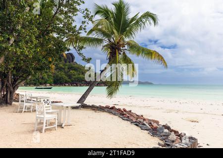 Leere Küstenlandschaft mit weißen Holztischen und Stühlen unter Kokospalmen. Cote D'Or Beach, Praslin Island, Seychellen Stockfoto